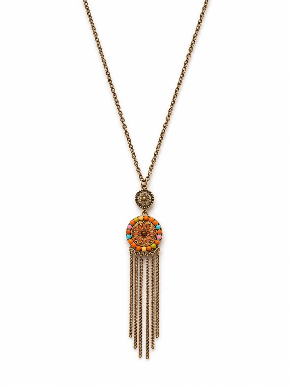 Bronze Tone Multicolor Beaded Fringe Statement Necklace
